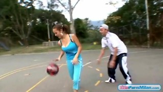 Giant mammories nubile juggling on the basketball court