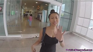 Phat boobed japanese Sharon Lee banged in public airport parking pile