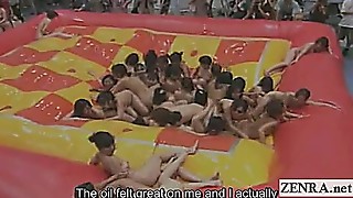 Subtitled big gang of Asian nudists grease grappling